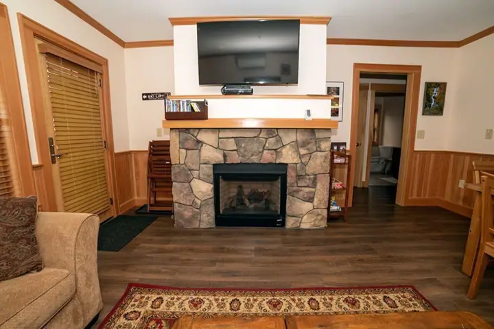 Gas fireplace so cozy in the winter. Huge smart TV