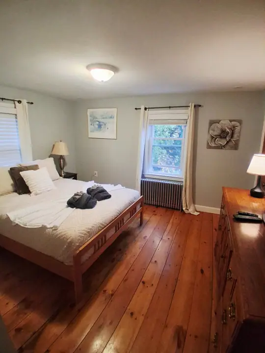 A bedroom with a wooden bed, a nightstand, a lamp, a radiator, and a window with curtains