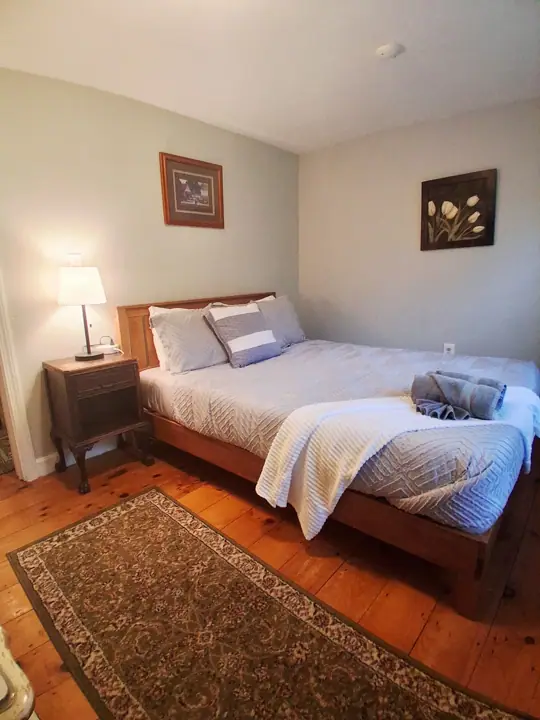 A bedroom with a bed, nightstand, lamp, and a rug