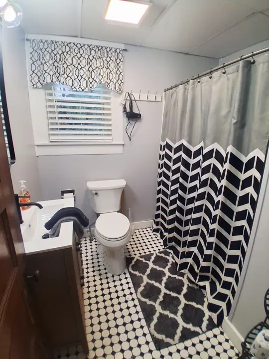 A bathroom with a toilet, sink, and shower curtain