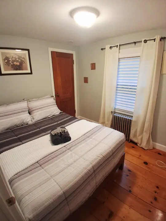 A bedroom with a bed, a radiator, a door, and a window with curtains