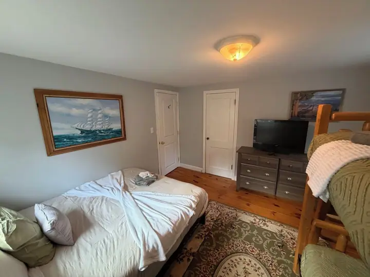 A bedroom with a bed, a dresser, a television, and a painting on the wall