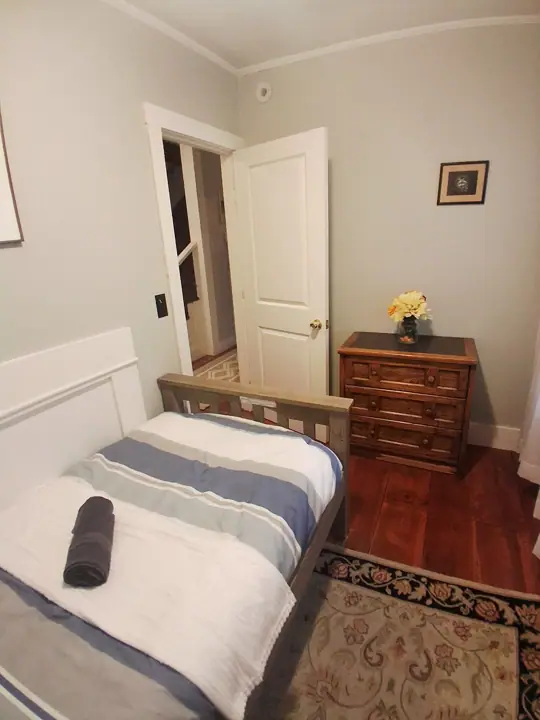 A bedroom with a bed, a dresser, a door, a rug, and a framed picture on the wall