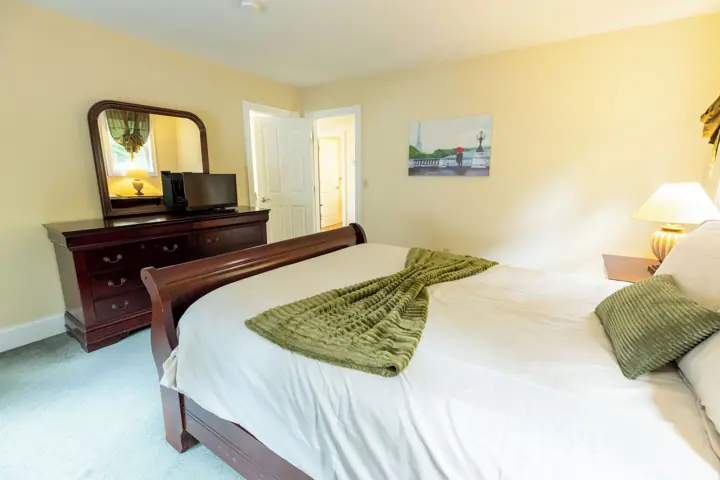 A bedroom with a bed, a dresser, a mirror, a painting, and a door leading to another room